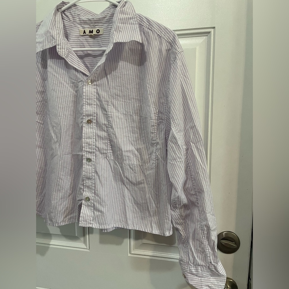 AMO DENIM
RUTH LAVENDER STRIPE CROP OVERSIZED COLLARD SHIRT - BLUSHING XS - Picture 6 of 9